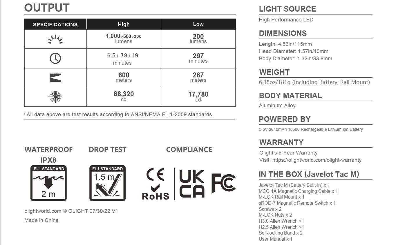 Заряден Фенер Olight Javelot Tac-M 1000lm.